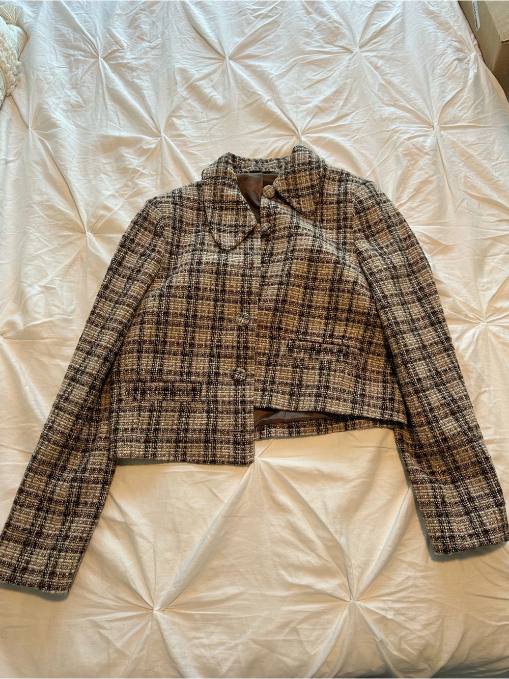 & Other Stories Brown and Black Plaid Tweed Cropped Jacket